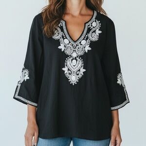 CHICOS Black Linen Blend Tunic Blouse Beaded 3/4 Sleeve Sz 3 NWT